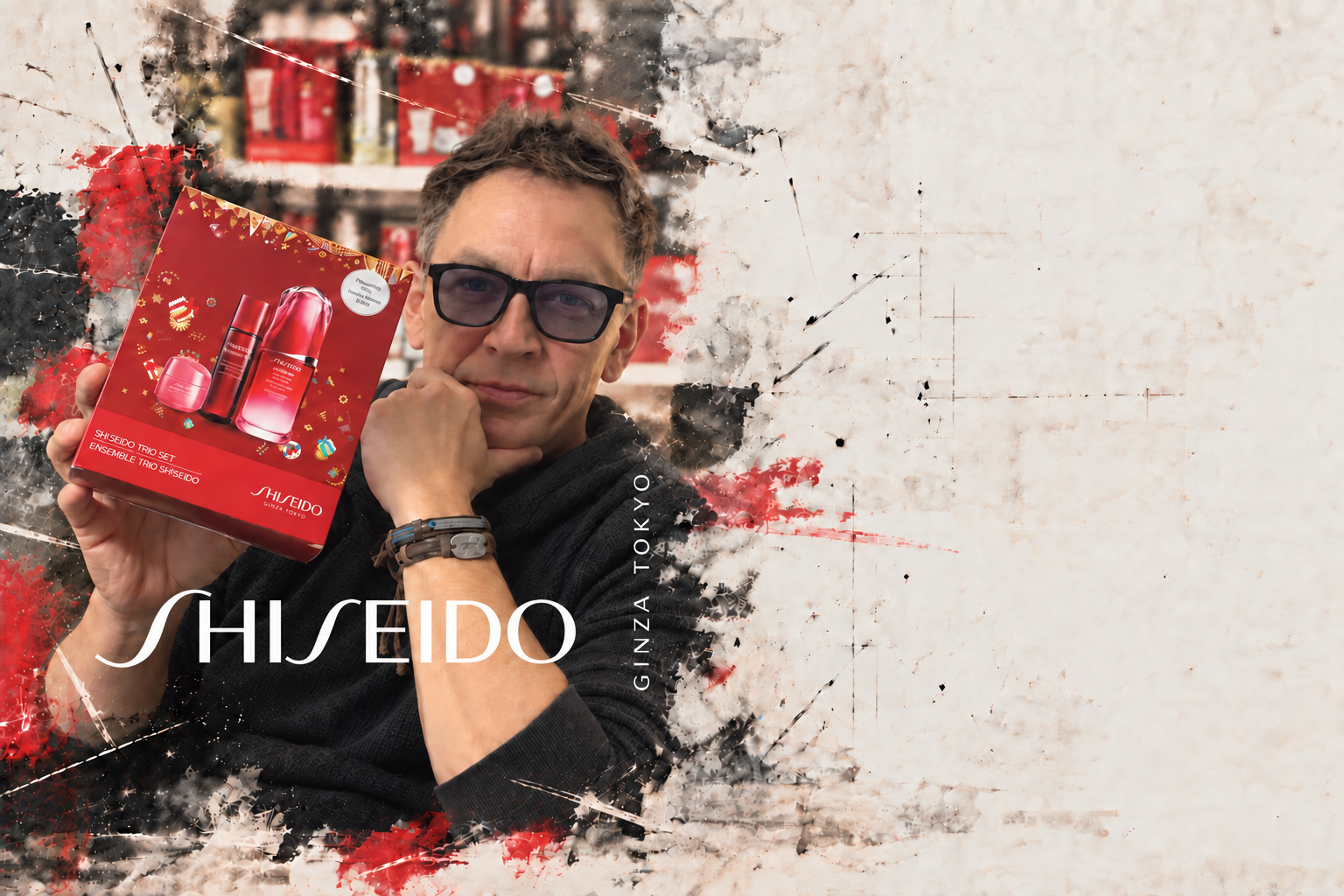 Brent Ducharme holding Shiseido packaging, with Shiseido branding and rough mixed-media textures